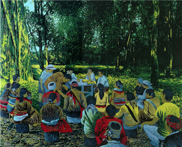 8-《绿荫下的会议》 87cmx71cm绝版木刻 苏军国