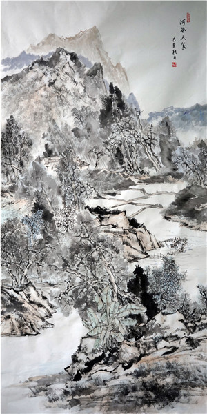3-河谷人家 李光华 97CM×180CM 中国画